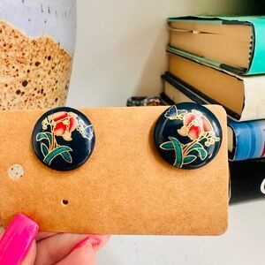 Vintage Black and Red Floral Earrings